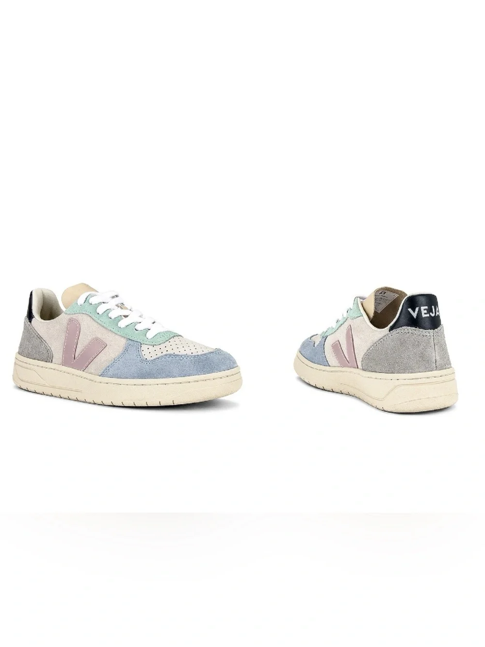 Veja V-10 Multicolor Suede & Leather Sneakers in Pastel Blue, Mint & Pink Size 7